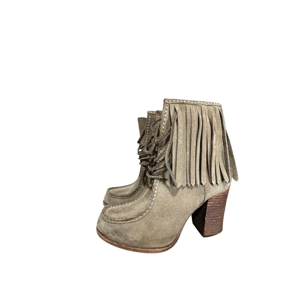 Frye Boots Fringe Womens Parker Suede Taupe Gray Brown Heels Ankle Size 6.5 M